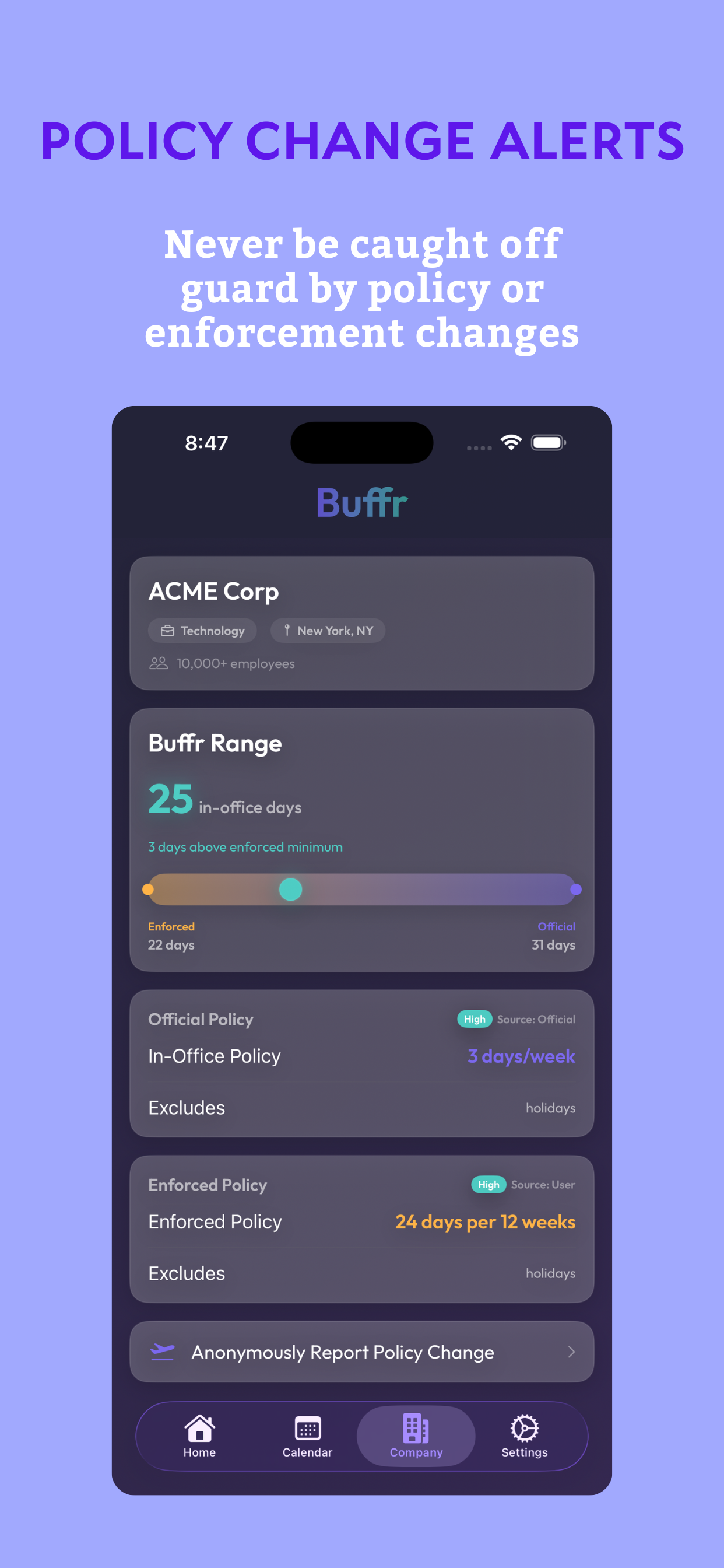Buffr company tab — official and enforced policy details with Buffr Range chart