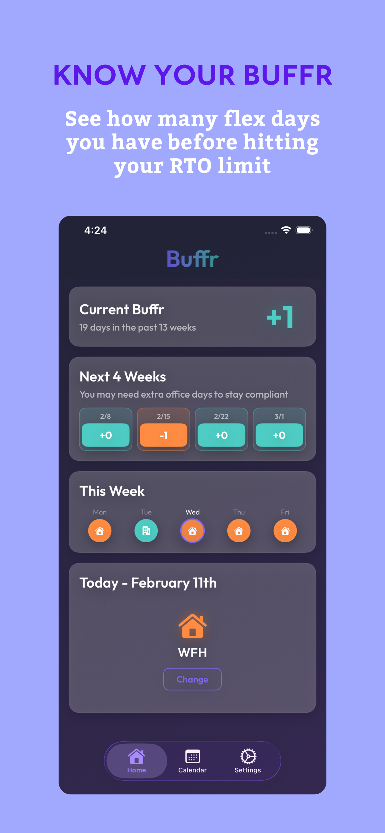 Buffr home screen showing your current buffer and weekly status