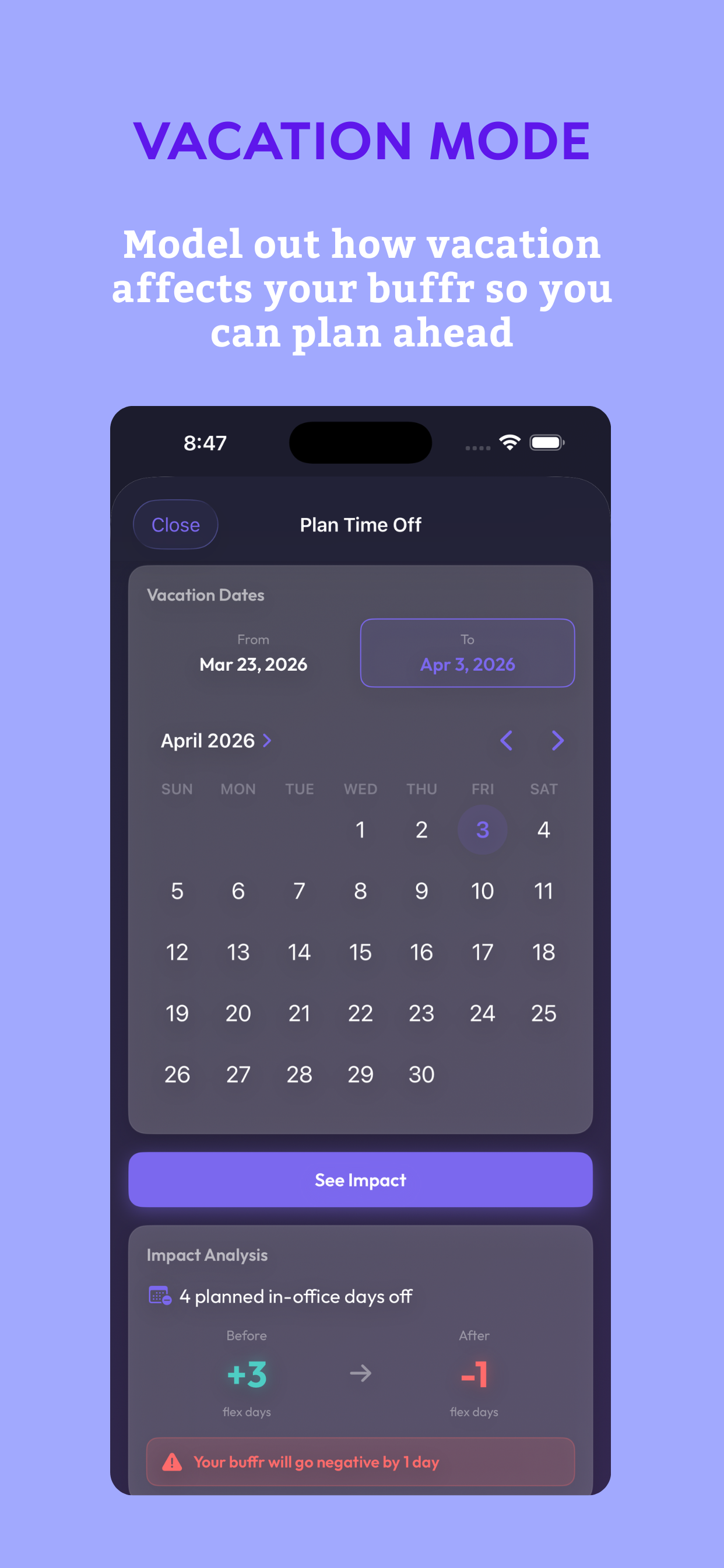 Buffr vacation planner — model how time off affects your buffer